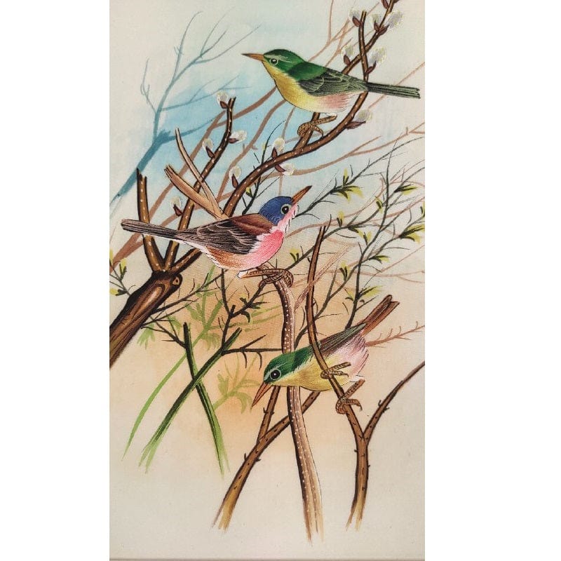 Handmade Birds Painting on Silk Fabric for Home and Office Decor