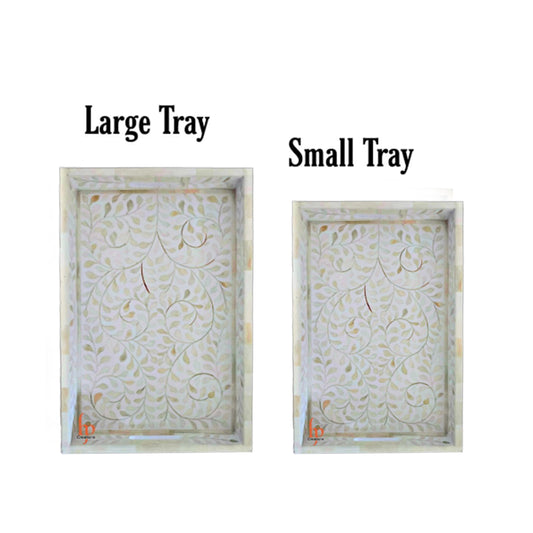 Handmade Bone Inlay White Tray Set of 2 Pieces Bone Inlay Rectangular Floral Tray Best Gift For Any Occasion