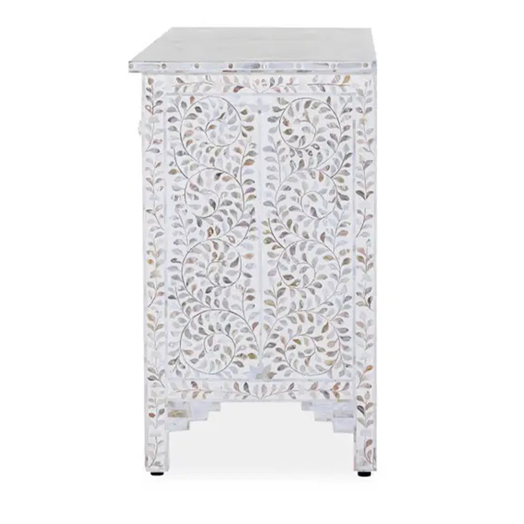 Mother of pearl inlay floral design 7 drawer White dresser