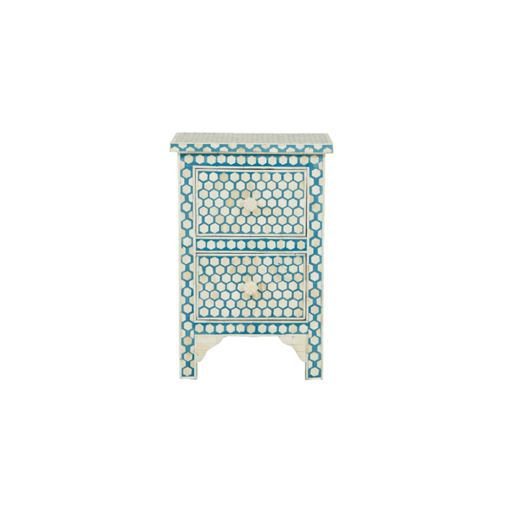 Personalized Bone Inlay Hexagon Design Blue Bedside Table with Two Drawers