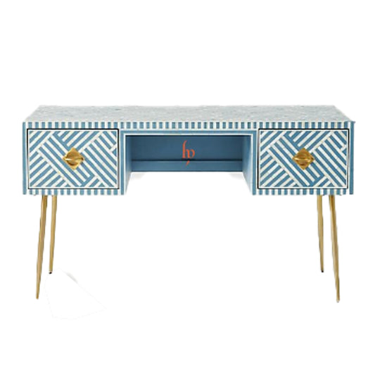 Handmade Stripe Design Optical Console Bone Inlay Antique 2 Drawers Study Desk Furniture Available in Black or Blue Colours