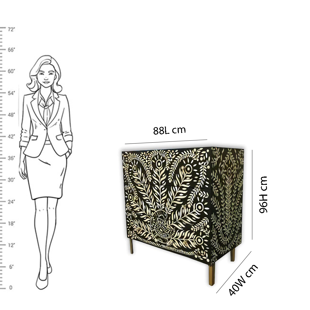 Handmade Bone Inlay Peacock Design Chest of 3 Drawers, Antique Bedroom/Living Room Storage Table