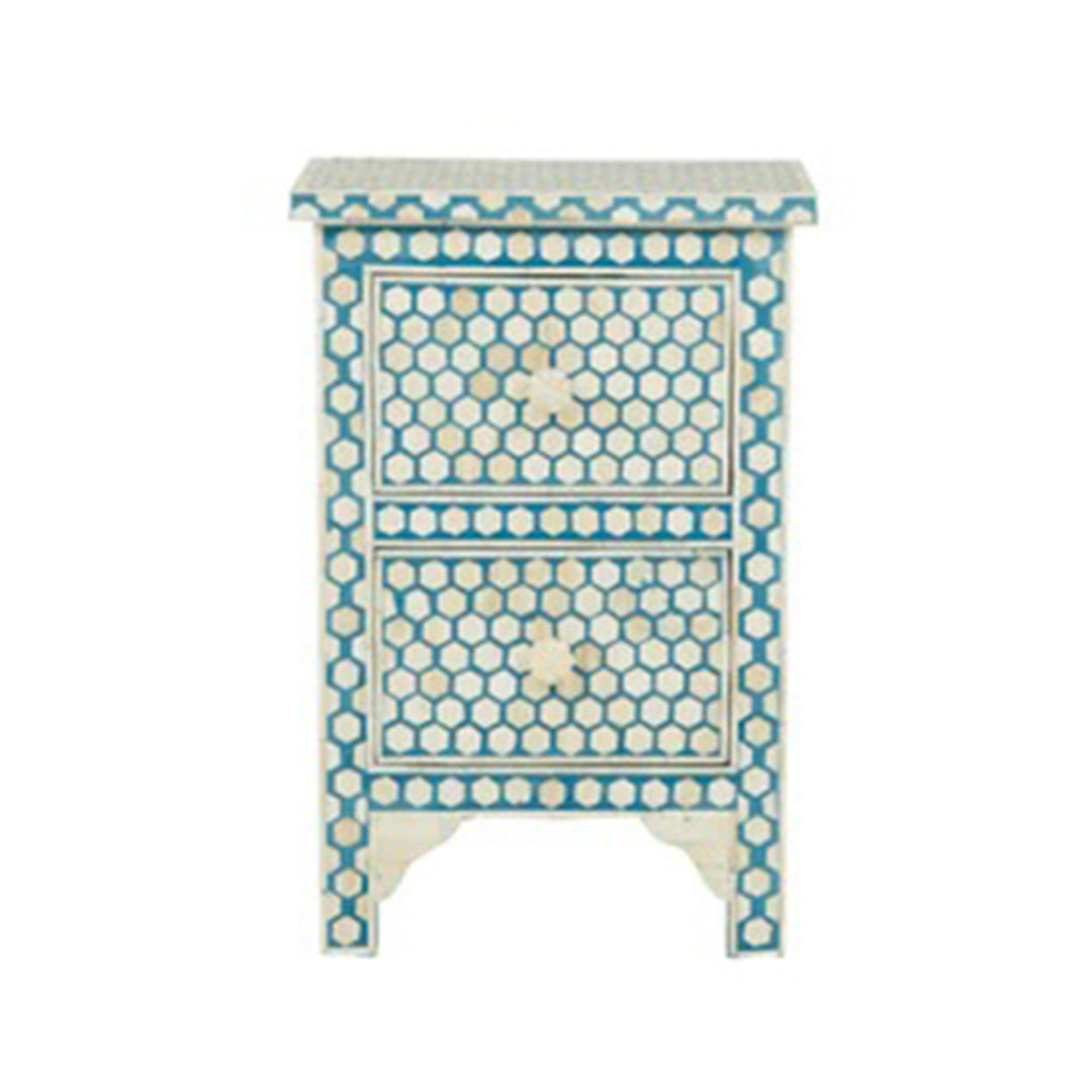 Personalized Bone Inlay Hexagon Design Blue Bedside Table with Two Drawers