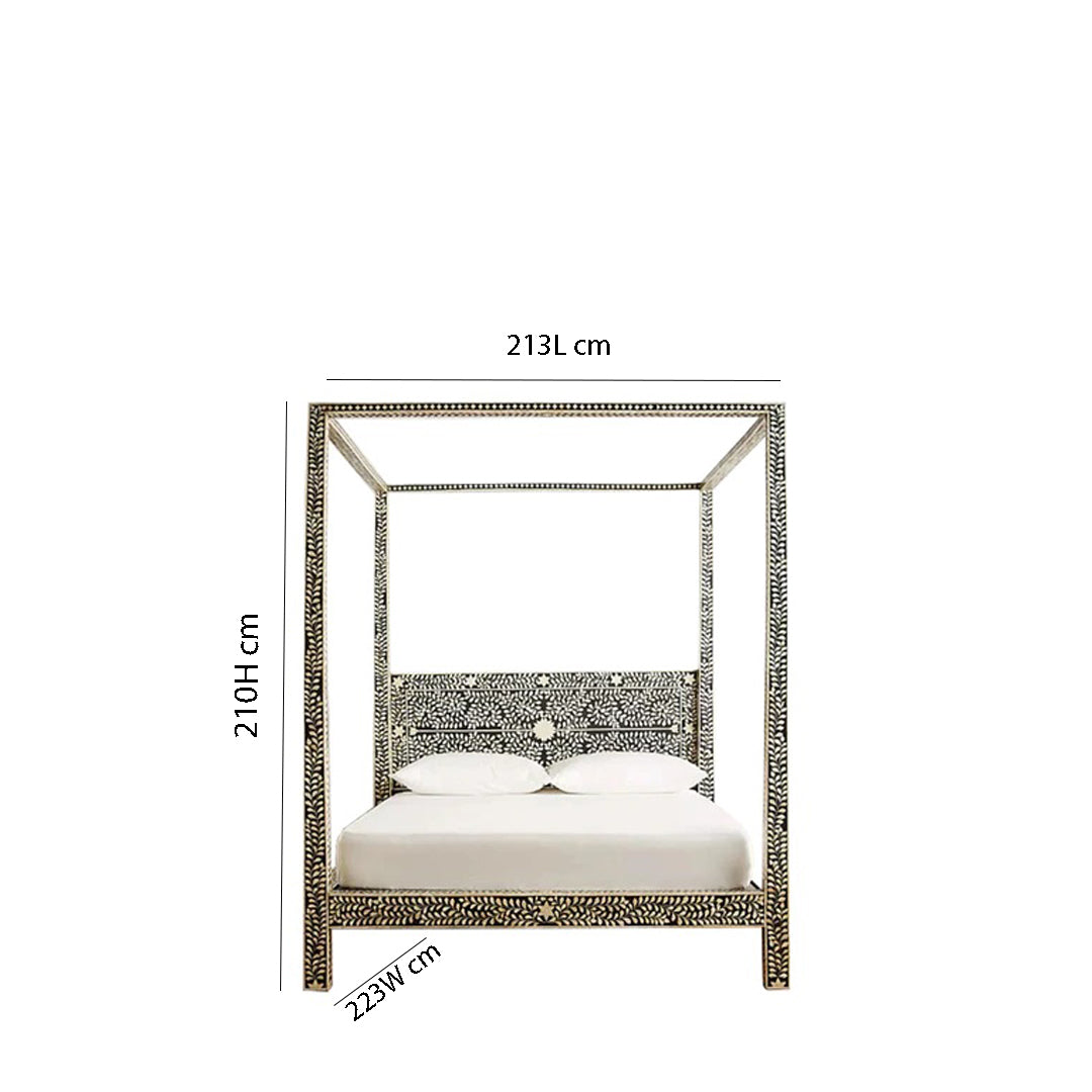 Handmade Bone Inlay King Size  Bed Frame with Headboard and pillars for Bedroom Decor