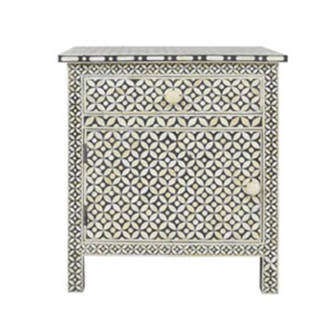 Handmade Bone Inlay Geometric Bedside Table with One Drawer and One Door.
