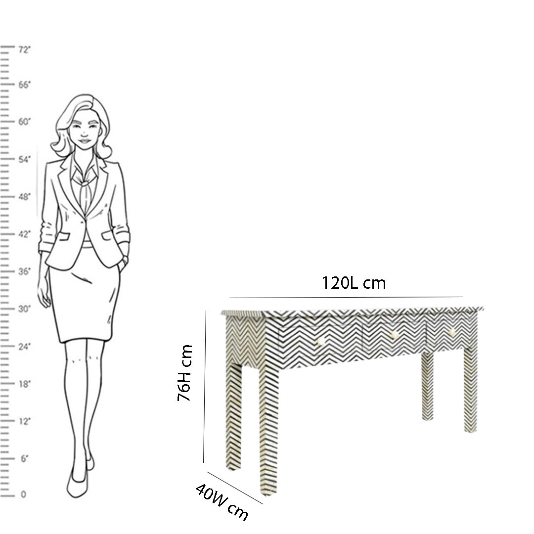 Handmade Bone Inlay Console with Three Drawer Zigzag Pattern
