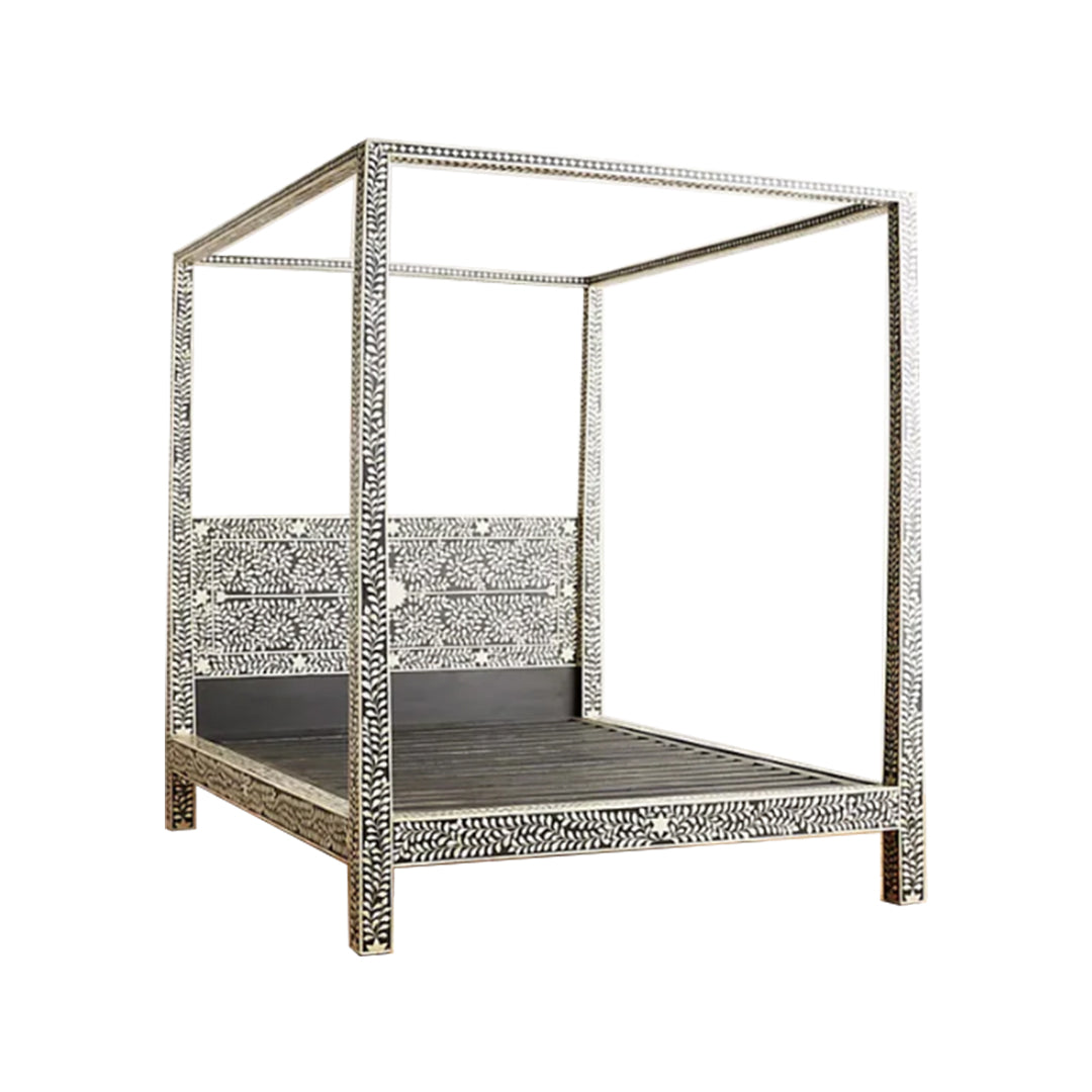 Handmade Bone Inlay King Size  Bed Frame with Headboard and pillars for Bedroom Decor