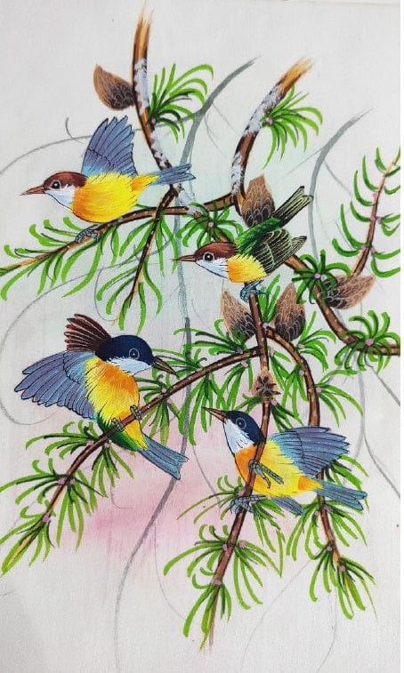 Handmade Birds Painting on Silk Fabric for Home and Office Decor