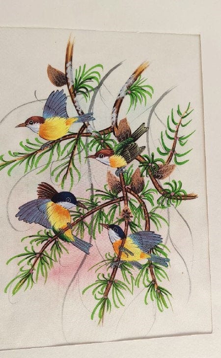 Handmade Birds Painting on Silk Fabric for Home and Office Decor