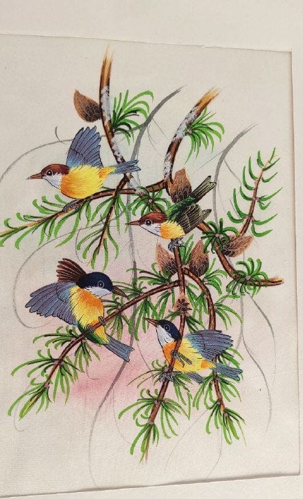 Handmade Birds Painting on Silk Fabric for Home and Office Decor