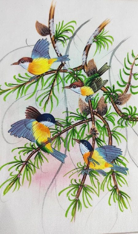 Handmade Birds Painting on Silk Fabric for Home and Office Decor