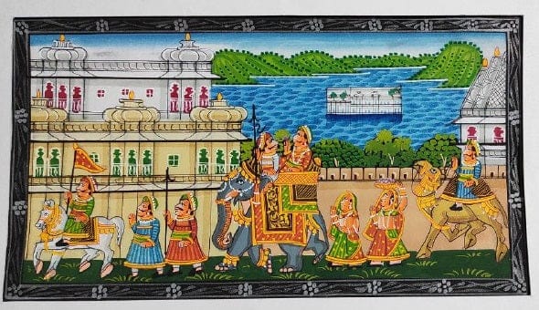 Handmade Matte Synthetic Palace View Silk Fabric Painting for Home Decor