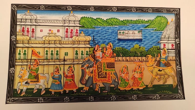 Handmade Matte Synthetic Palace View Silk Fabric Painting for Home Decor