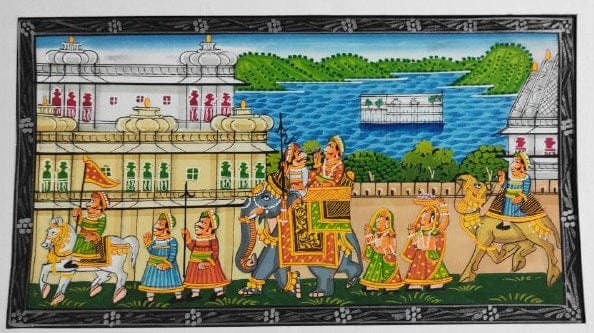 Handmade Matte Synthetic Palace View Silk Fabric Painting for Home Decor