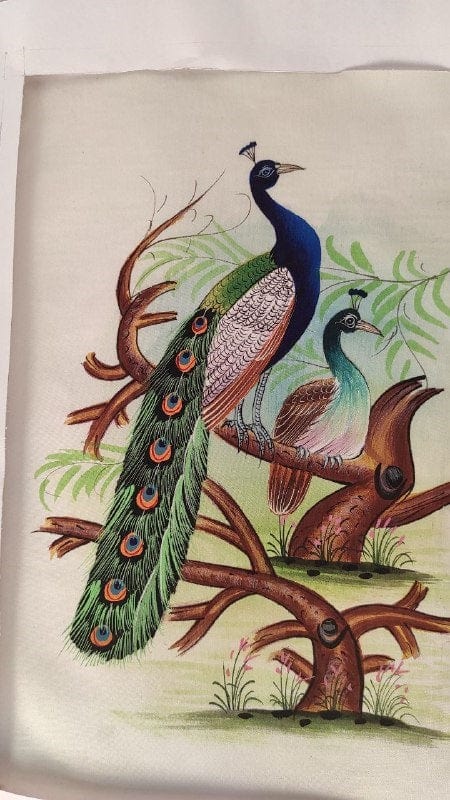 Handmade Peacocks Painting on Silk Fabric for Home and Office Decor