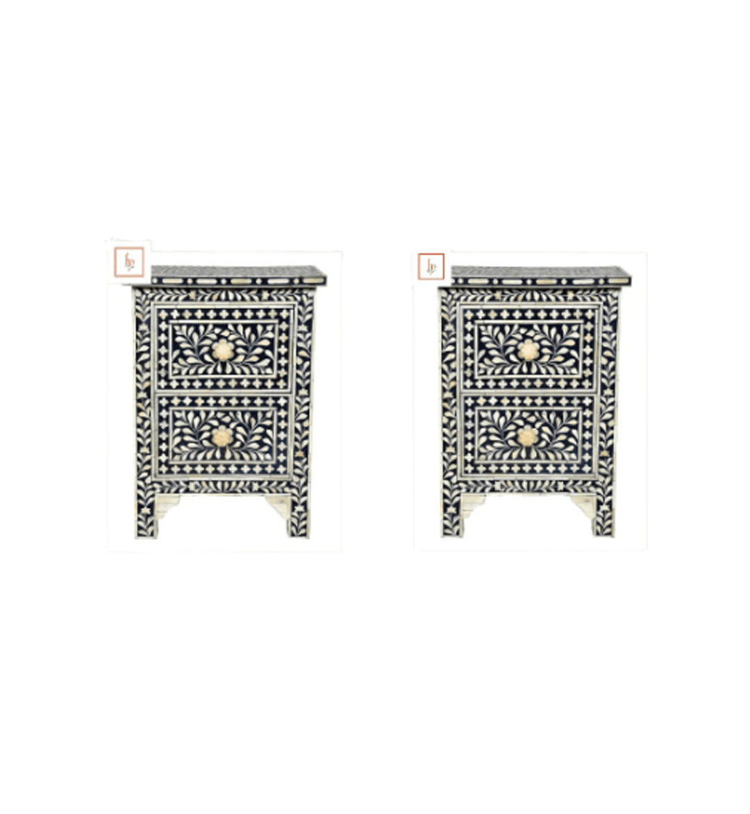 Personalized Handmade Bone Inlay Set Of 2 Bedside Tables Home Decor Furniture Attractive Floral Design Entrance Tables