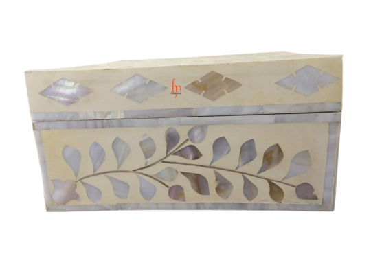 Handmade Antique Mother Of Pearl Floral Jewelery Box White