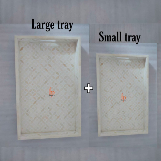 Handmade Bone Inlay White Tray Set of 2 Pieces Bone Inlay Rectangular Floral Tray Best Gift For Any Occasion