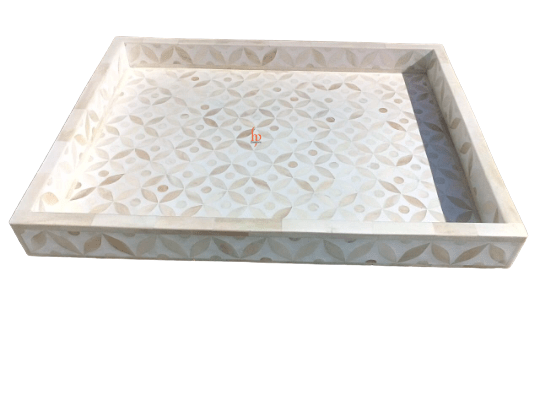 Handmade Bone Inlay White Tray Set of 2 Pieces Bone Inlay Rectangular Floral Tray Best Gift For Any Occasion